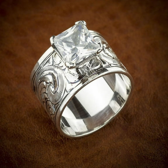 New Popular Silver Color Carved Pattern Inlaid White Cubic Zircon Men's Ring for Female Party Jewelry Accessories Size