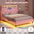 thumbnail image 4 of Full Size Bed Frame with LED Light and Charging Station and Storage Headboard,2 Drawers & Storage Shelves, Velvet Upholstered Platform Bed Frame,Pink, 4 of 9