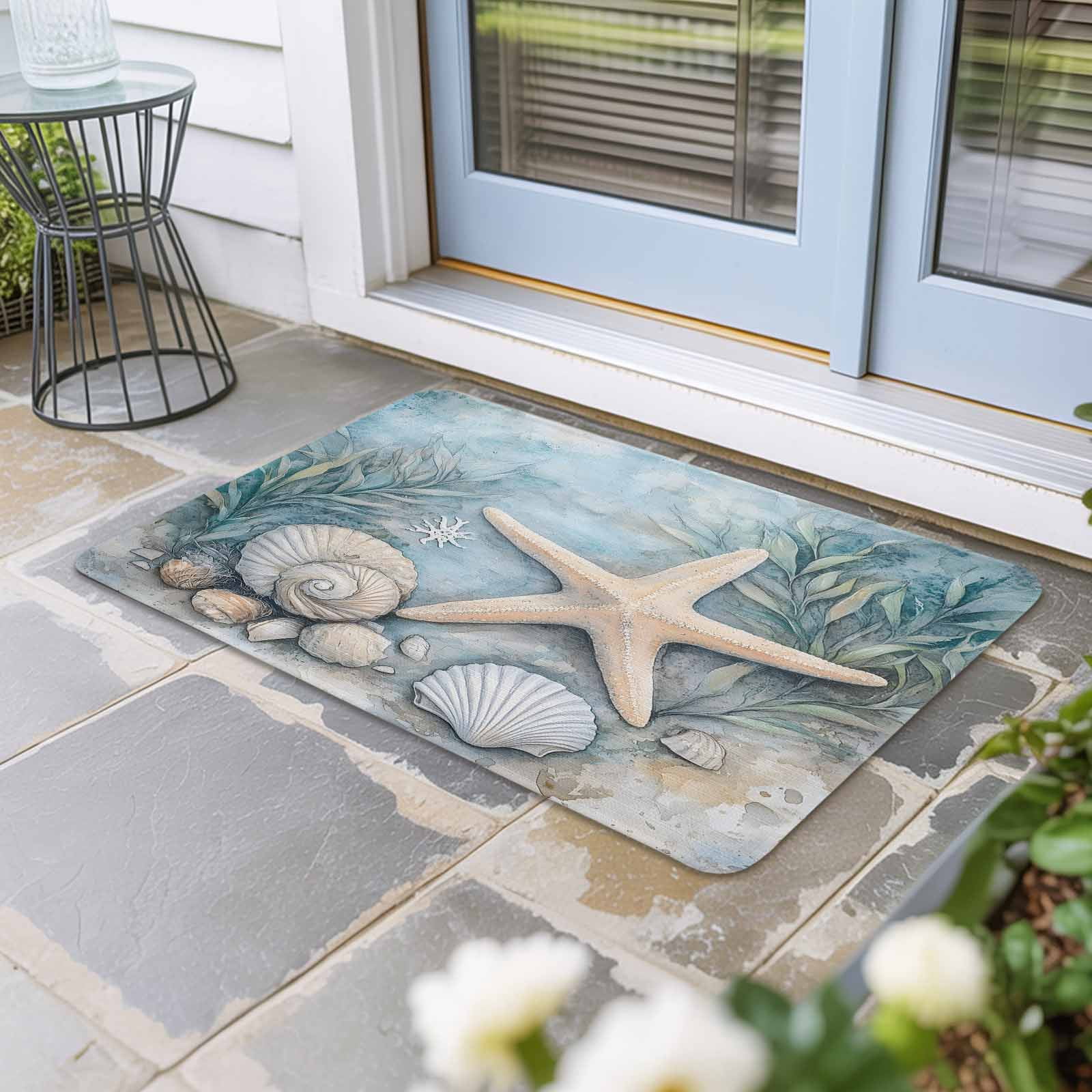 Coastal Starfish Doormat Outdoor Entrance 24"x36", Beach Summer Starfish Nautical Shell Blue Absorb Moisture Dirt Door Mats, Non-Slip Rubber Backing Floor Mats Indoor, Low-Profile Front Door Rugs