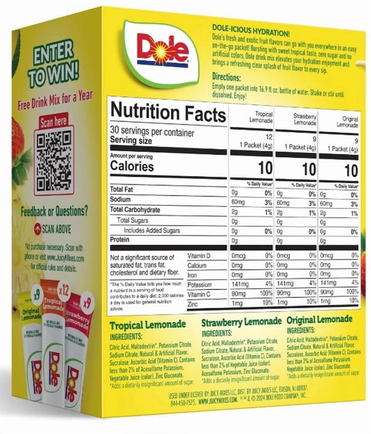 Dole Lemonade Variety Powder Mix, Tropical, Classic, & Strawberry, 30 Pack