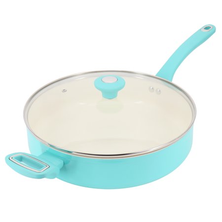 Martha Stewart Everyday Rexford 5 Quart Ceramic Nonstick Aluminum Saute Pan with Lid in Teal