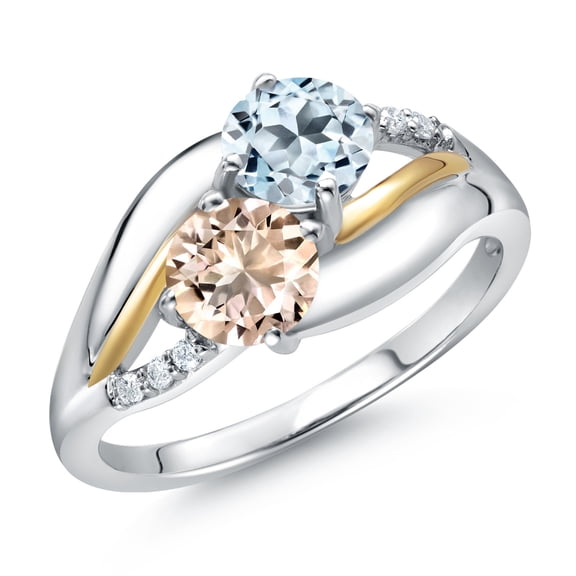 Gem Stone King 925 Sterling Silver and 10K Yellow Gold Peach Morganite Sky Blue Topaz and Lab Grown Diamond 2 Stone Engagement Ring for Women (1.14 Cttw, Round, October Birthstone, Size 7)
