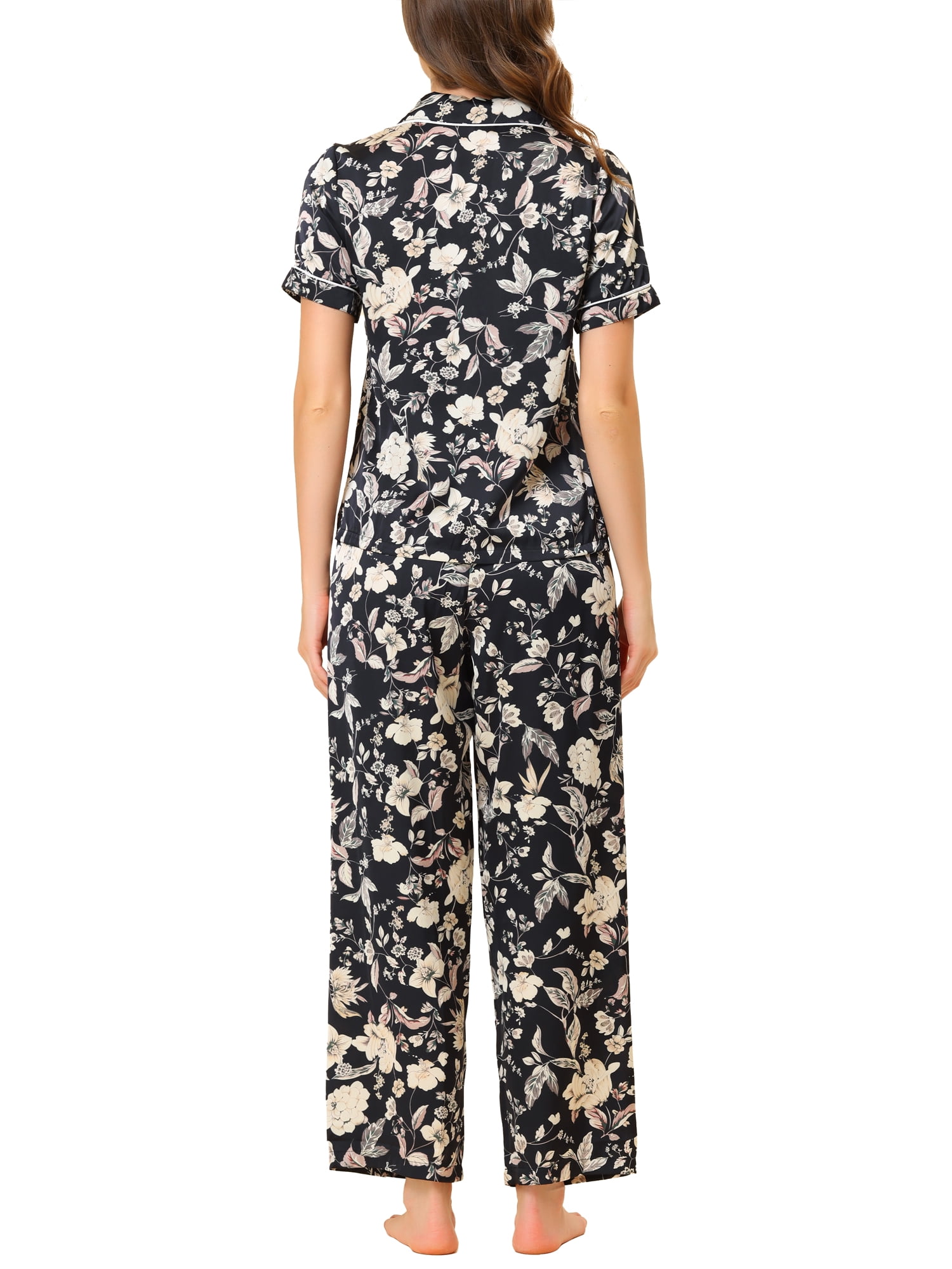 Unique Bargains Women's Pajama Set Silk Short Sleeves and Pants Floral Satin Sets