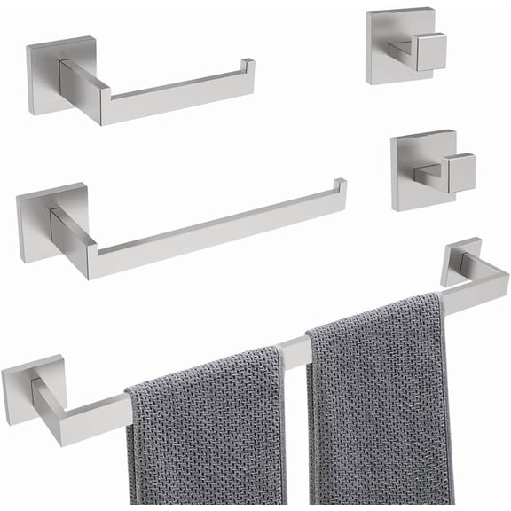 5-Piece Brushed Nickel Bathroom Hardware Set, Wall Mounted Thickened 304 Stainless Steel Towel Holder Set, Featuring 23.6" Towel Bar, Hand Towel Rack, Toilet Paper Holder, and 2 Towel Hooks