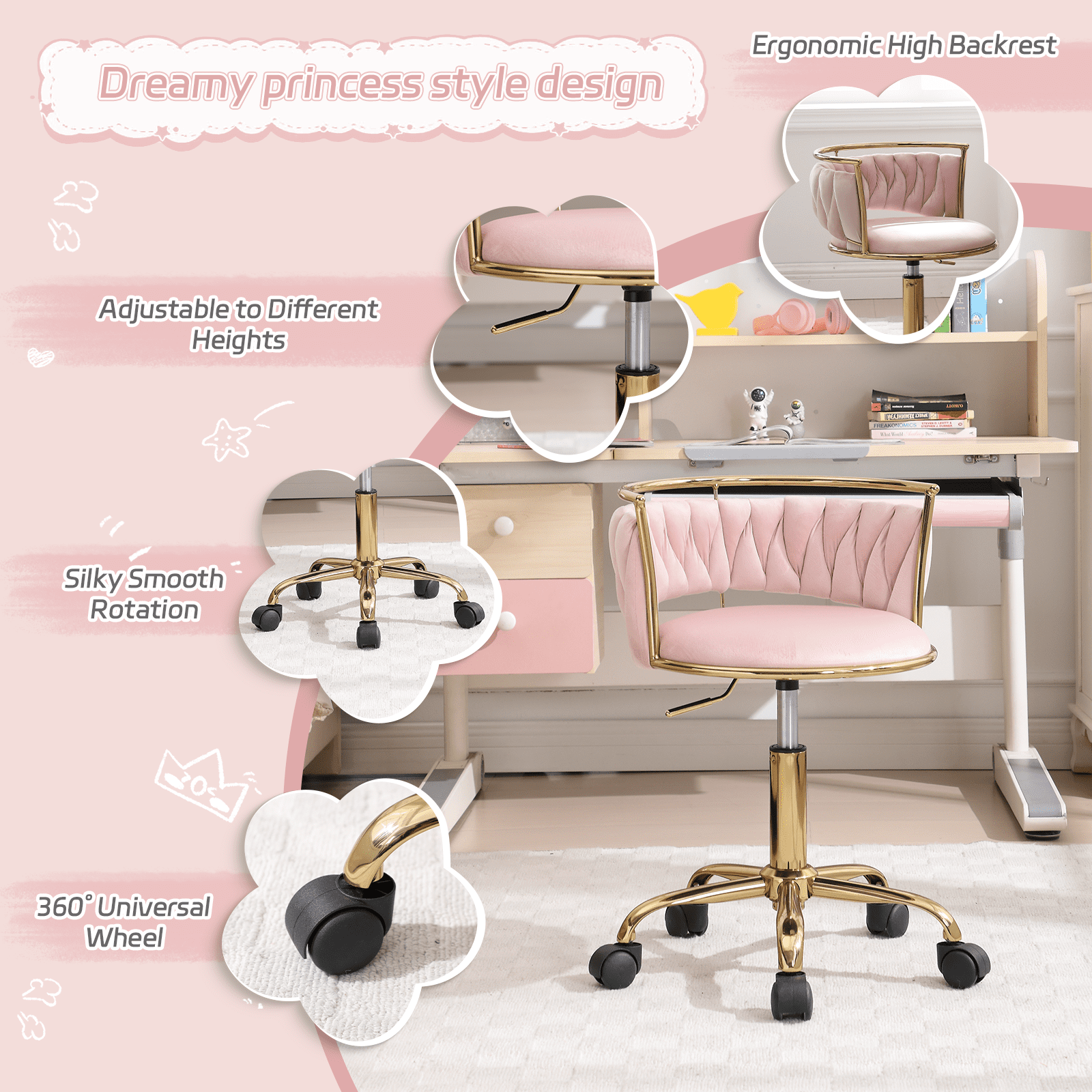 Guyou Kids Desk Chair, Velvet Rolling Swivel Children Chair, Adjustable Student Task Chair, Curved Woven Backrest Vanity Chair for Bedroom Dormitory Children Gifts, Pink