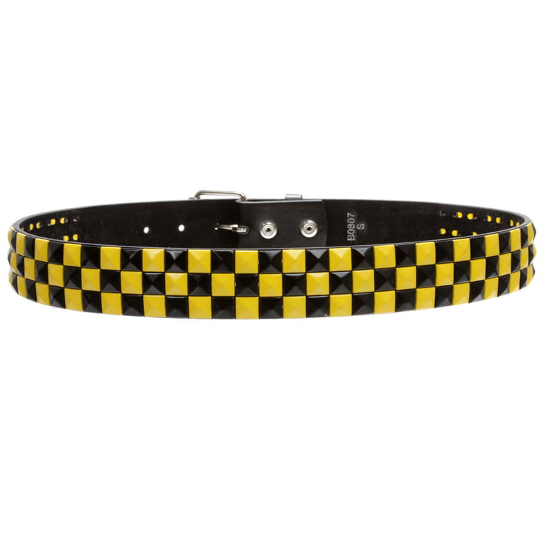 Studded Checkerboard Belt & Rock Yellow Leather Star Punk On Snap Black