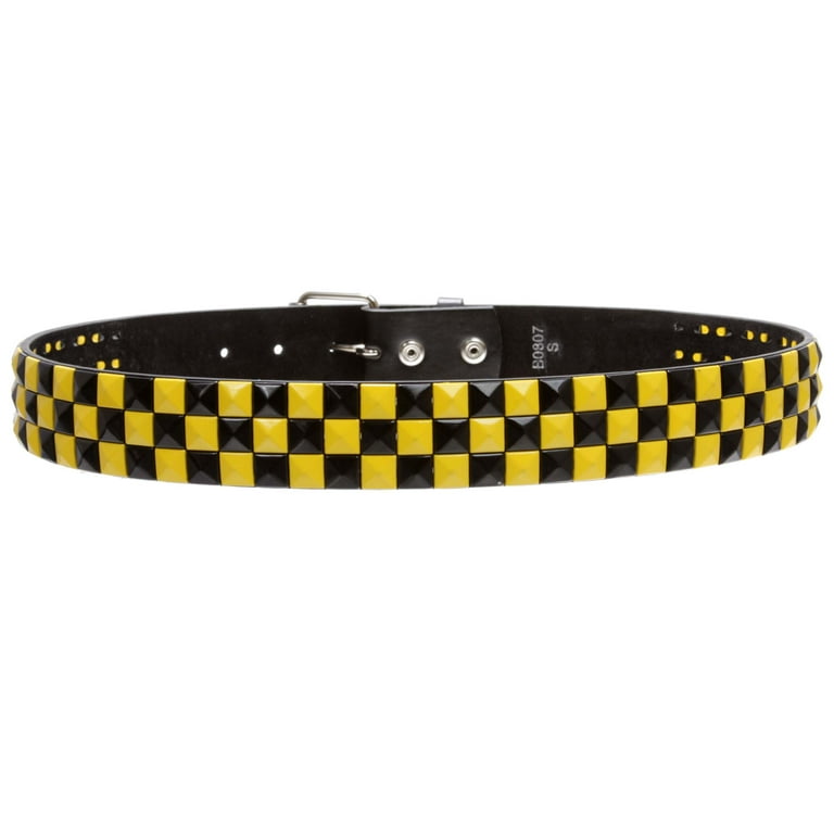 Studded & Star Belt Snap Checkerboard Leather On Black Yellow Punk Rock
