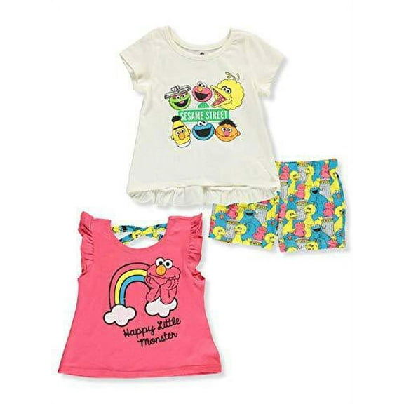 Sesame & Friends Elmo, Big Bird and Cookie Monster Girls 3 Piece 2 Short Sleeve Tee and Short Set, Infant