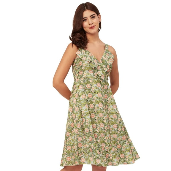 Moomaya V Neck Sleeveless Printed Georgette Dress - Women's Summer Dress