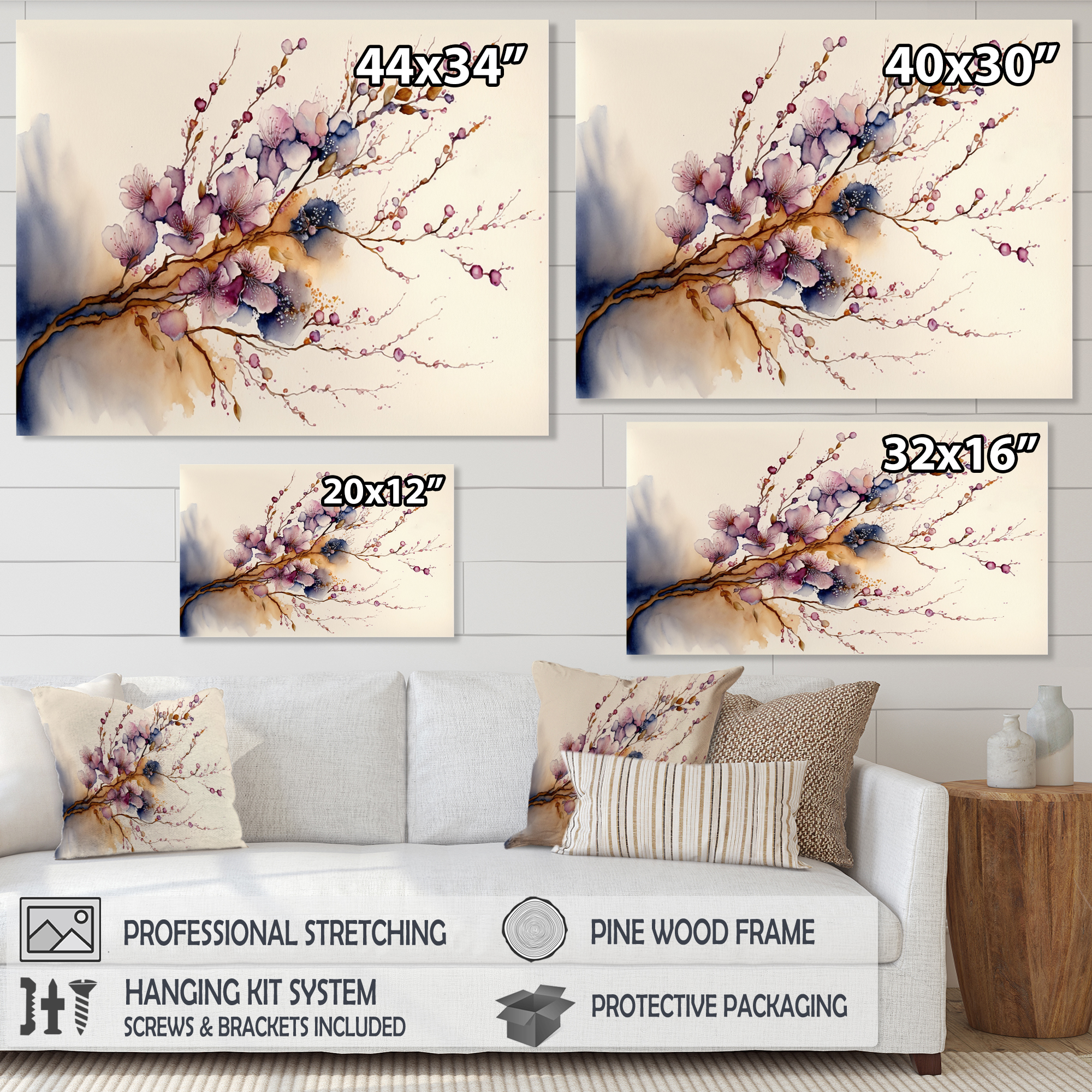 Designart Pink And Plum Cherry Blossom Branch III Canvas Wall Art