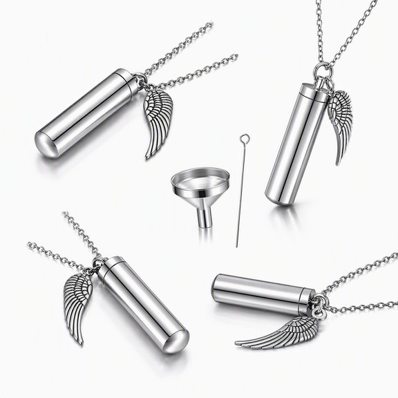 Stcellnmex 4 Pcs Urn Necklace For Ashes Wing Stainless Steel Angel Cylinder Pendant Cremation Memorial Keepsake Jewelry For Men Women