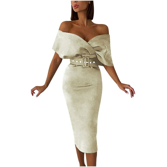 Werulen Dresses for Women 2023, Sexy Belt Bodycon Vintage Dresses Off Shoulder Short Sleeve Prom Party Maxi Long Dresses Women