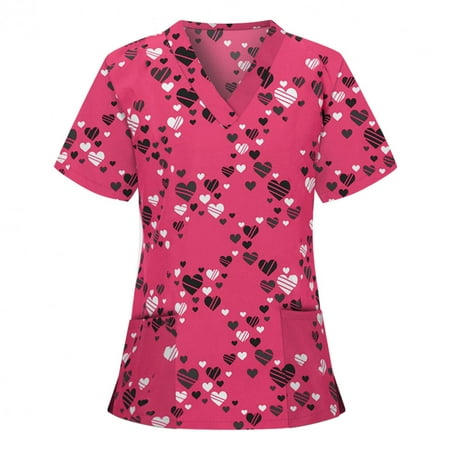 

New Year New You! Snorda Womens Nursing Scrub Tops Valentine s Day Love Heart Printed Working Uniform Short Sleeve V-Neck Workwear Blouse T-shirt with Pockets
