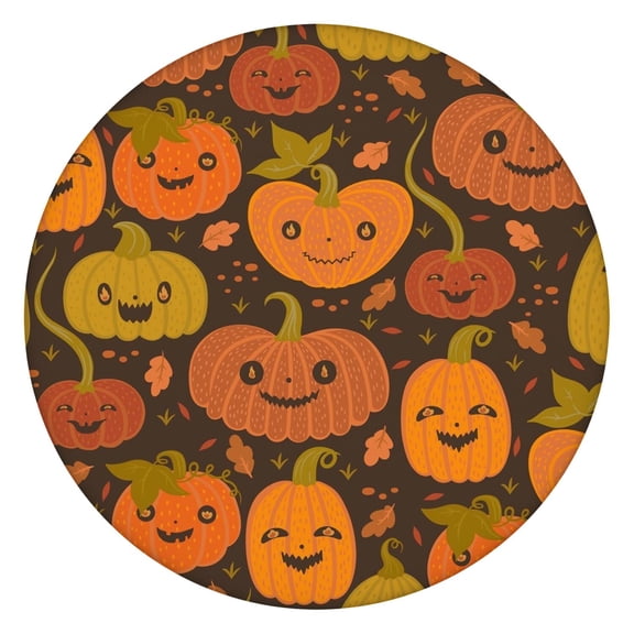 Halloween Themed Round Stretch Tablecloth with Elastic Hem for 52 Inch Table - Pumpkin Design Washable Fabric for Party Dining