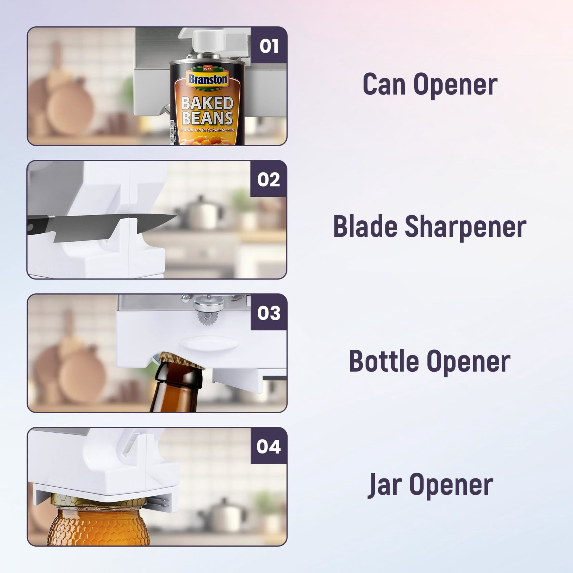 Elitra 4-in-1 Under the Cabinet Electric Can Opener - Space Saving Kitchen Appliance with Swing Grip, Magnetic Lid & Built-In Bottle & Jar Opener - Smooth Edge Can Opening Tool (White)