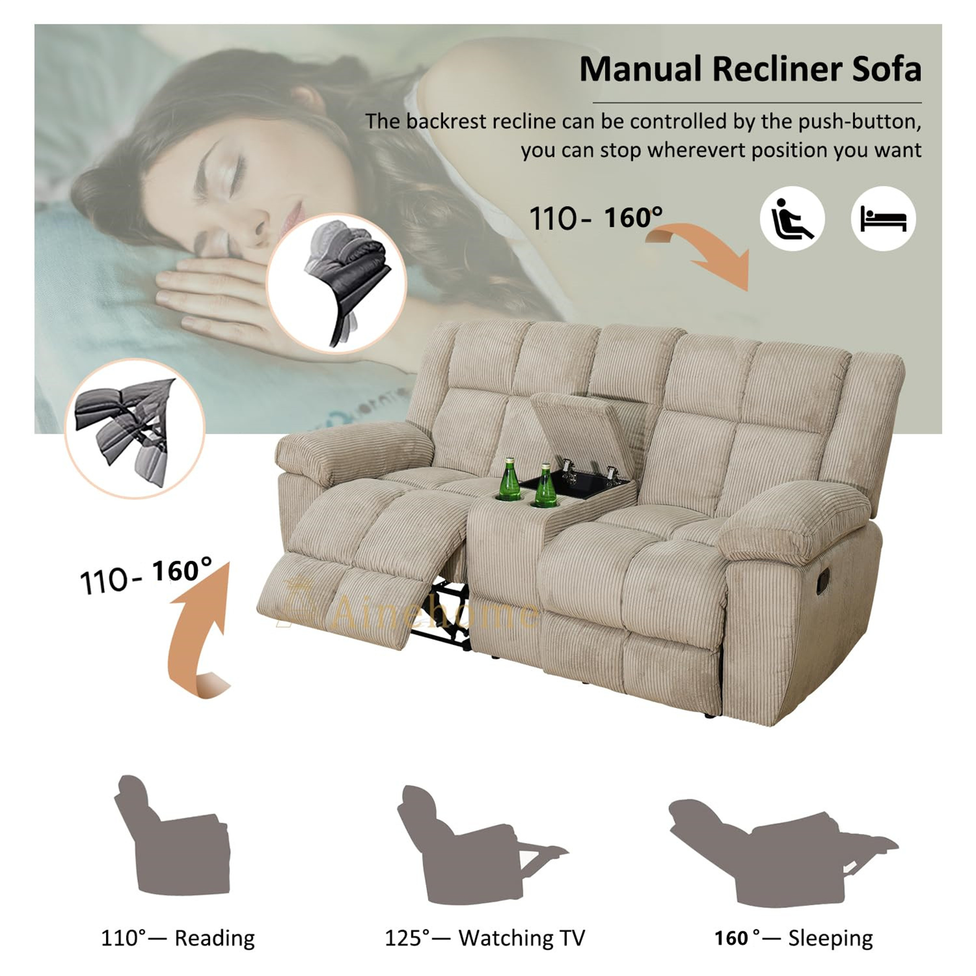 Aukfa 3-Piece Recliner Sofa Set - 77" Loveseat Recliner w/ Cupholder&Console for Living Room, Beige