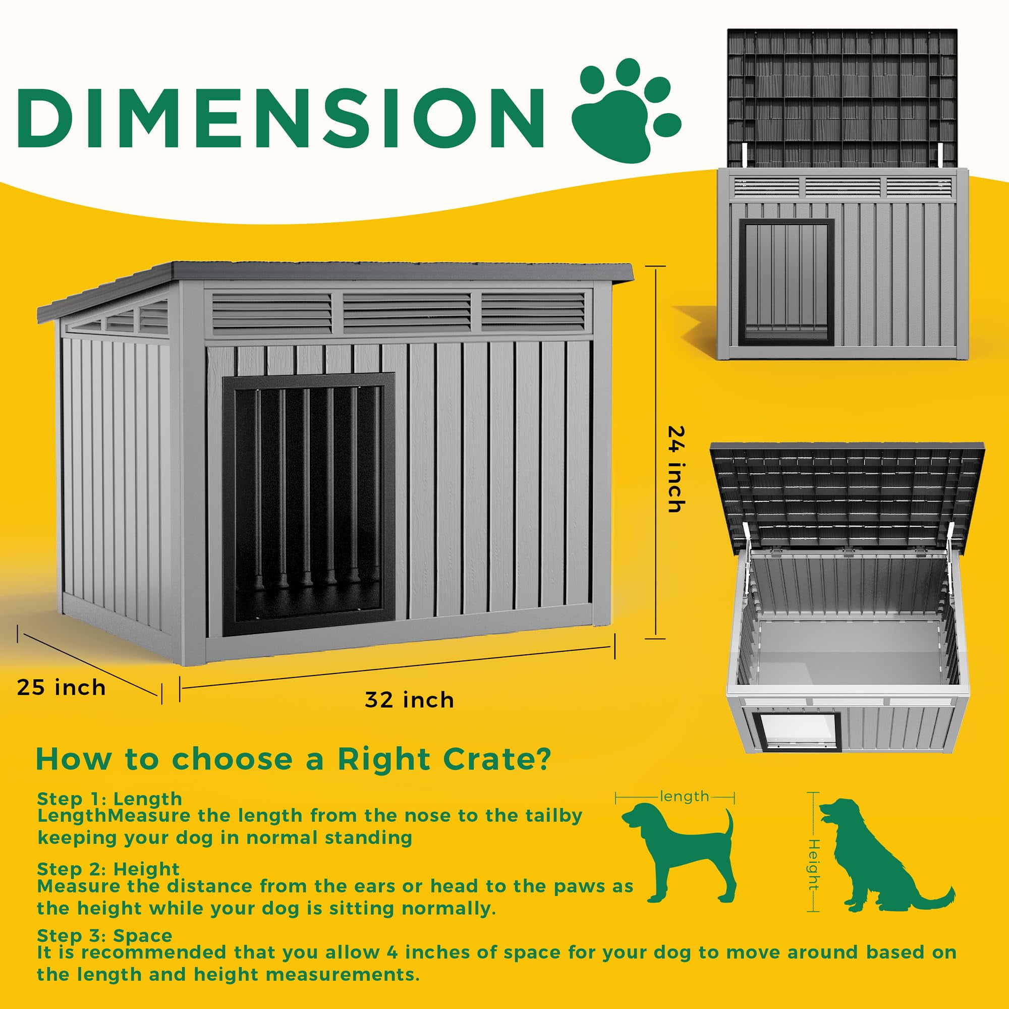 EasyUp Dog House for Both Indoor and Outdoor with Weatherproof Roof Removable Floors for Medium to Large Dogs Interior Space (Grey, Large (42.87 * 32.95 * 31.61''))