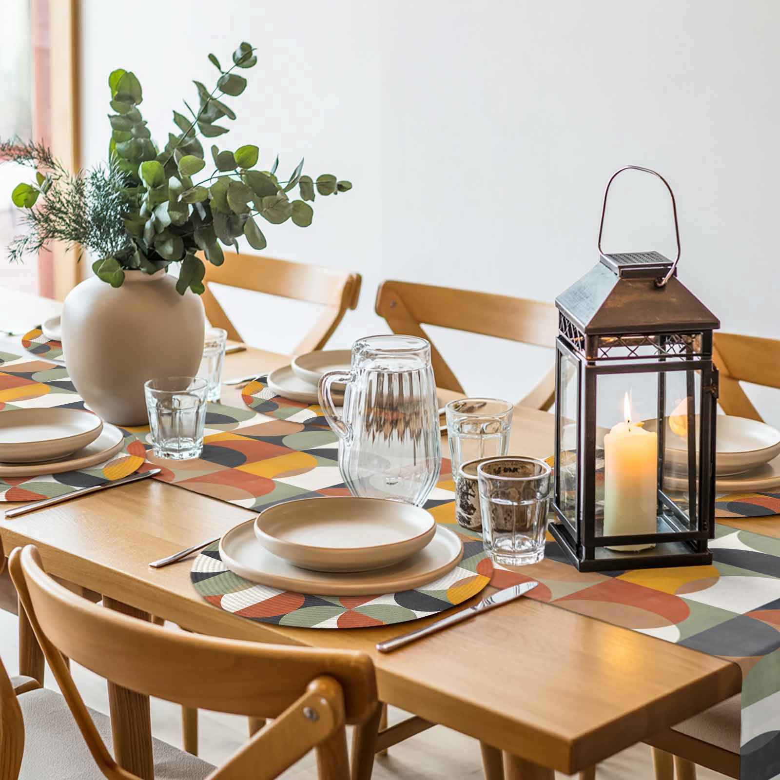 Mid-century Modern Round Table Placemats set of 4, Vintage Color Abstract Geometric Pattern Washable Woven Place Mats for Dining Tables Kitchen Party Decor,Heat Proof, 13in,