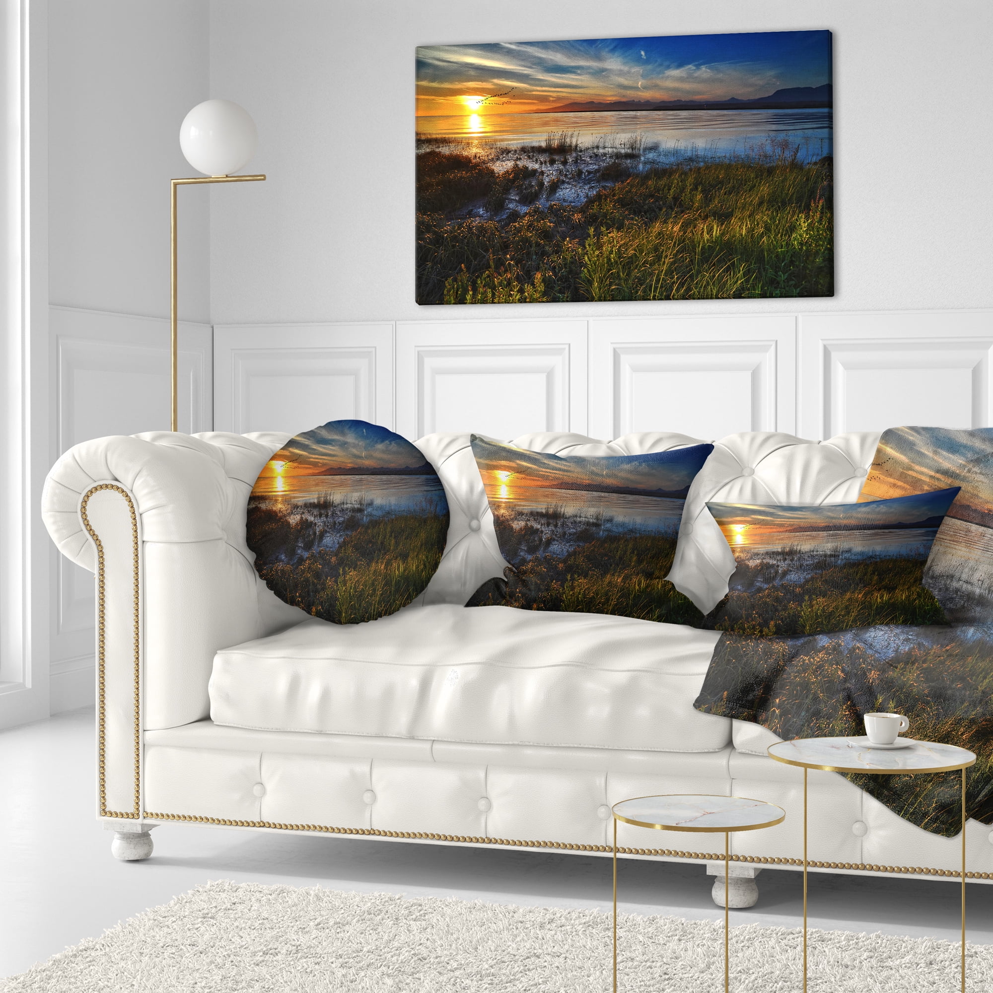 Designart Warm River Sunset With Migrating Geese - Landscape Printed Throw Pillow - 12x20