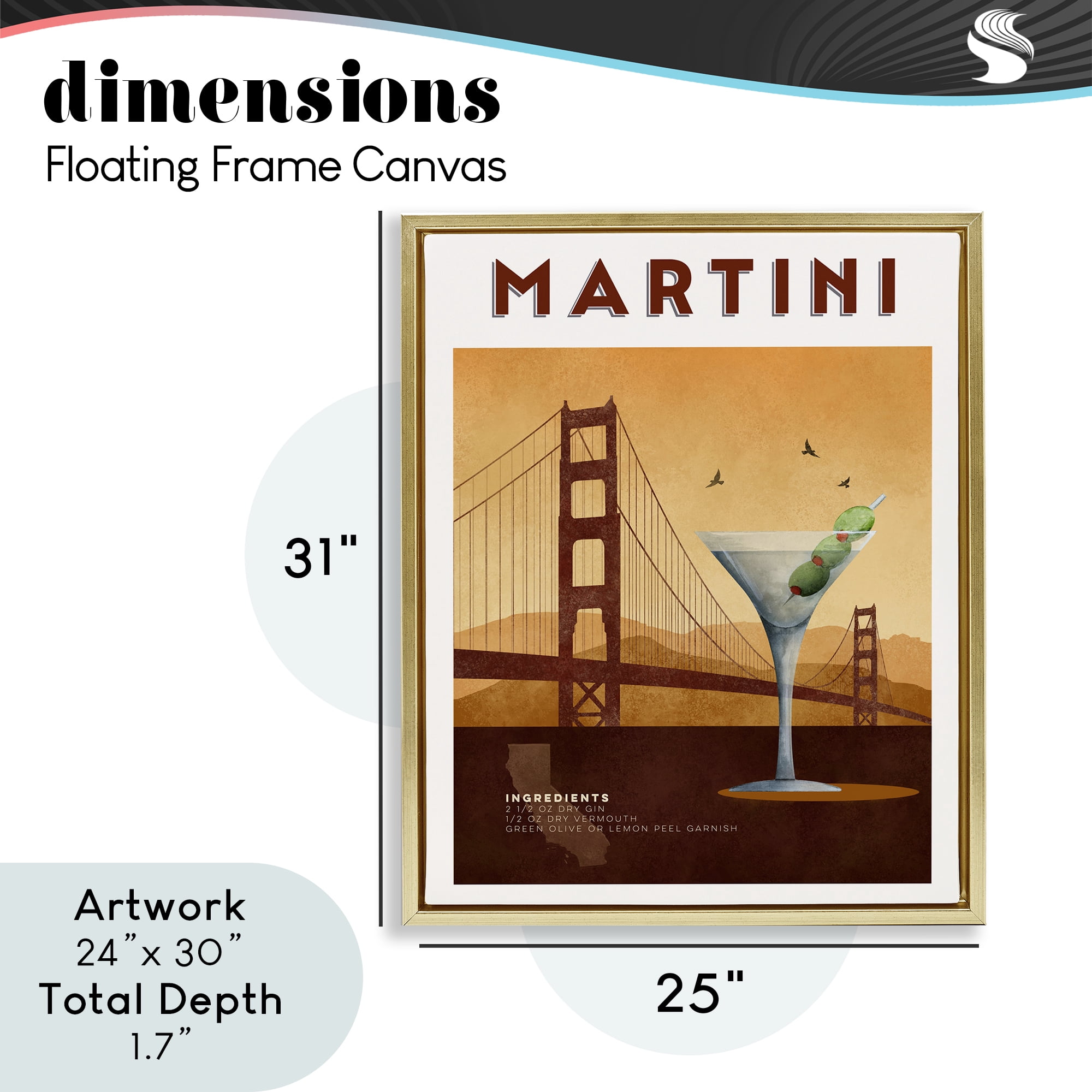 Retro Martini & Bridge View Gold Framed Floater Canvas Wall Art, design by Brett Blumenthal