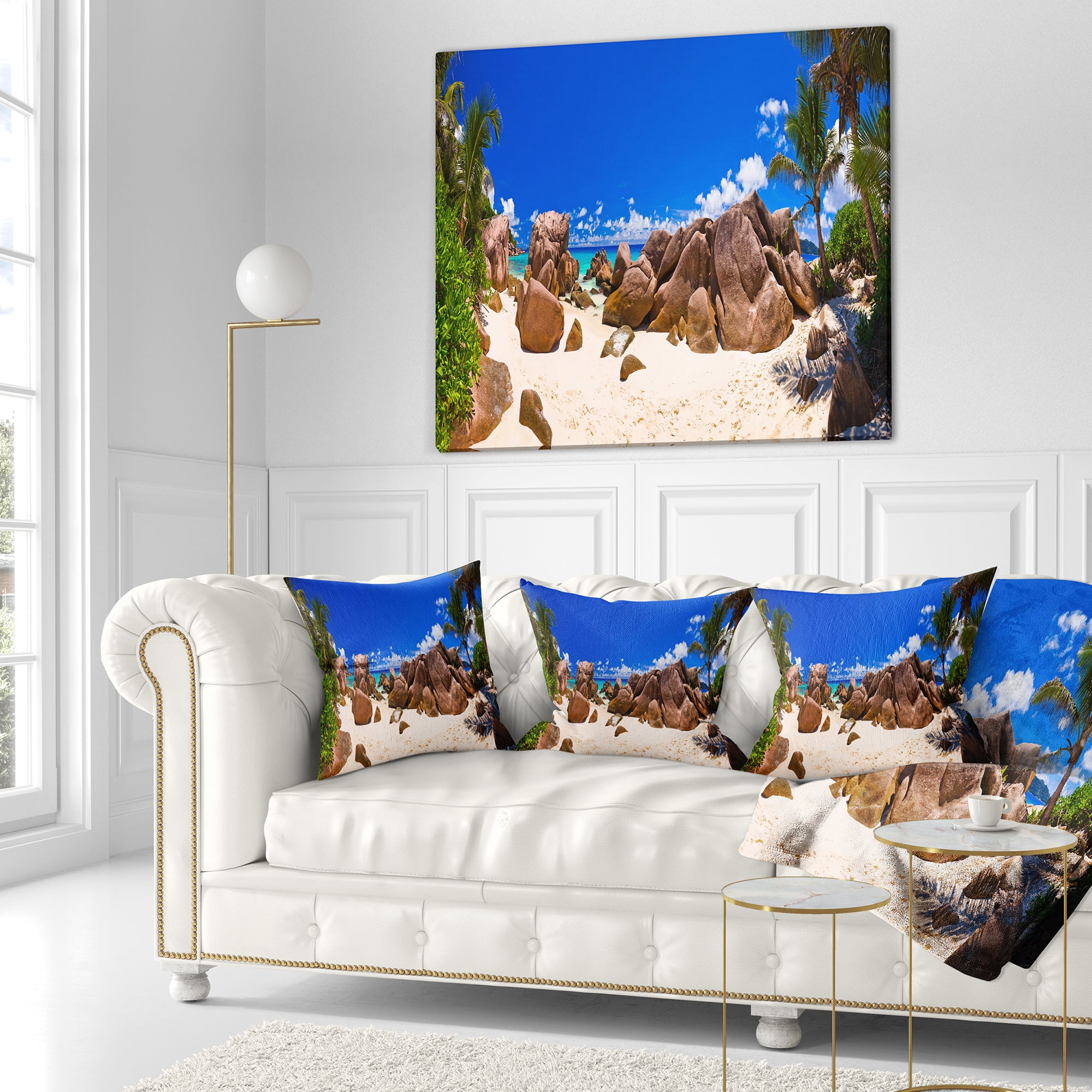 Designart Rocky Tropical Beach Panorama - Landscape Photography Throw Pillow - 18x18