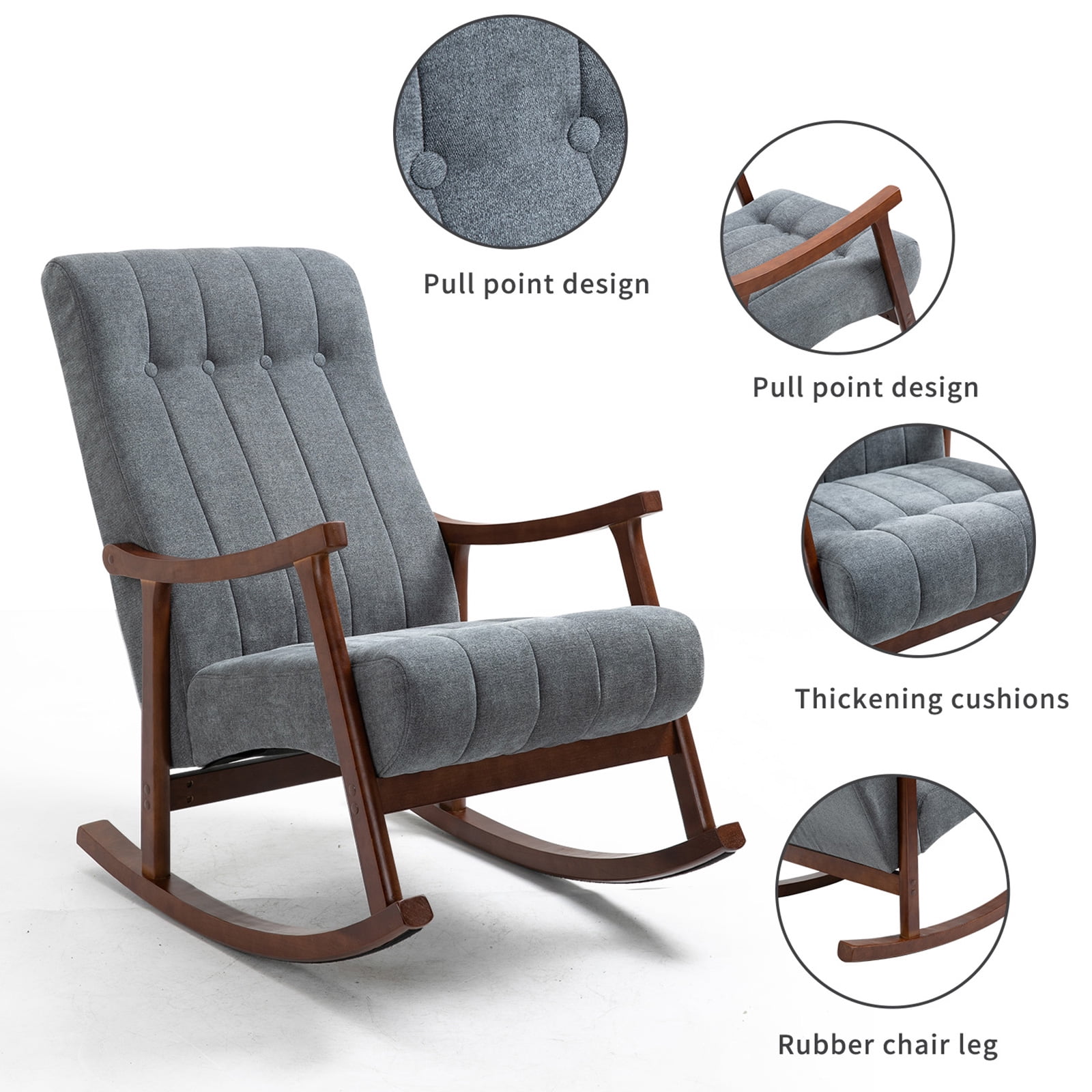 Homhum Upholstered Rocking Chair, Modern High Back Armchair, Adult Single Sofa for Indoor, Dark Gray