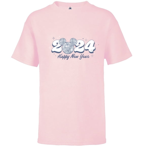 Disney Mickey Mouse Head Disco Ball Happy New Year 2024 - Short Sleeve T-Shirt for Kids - Customized-Soft Pink