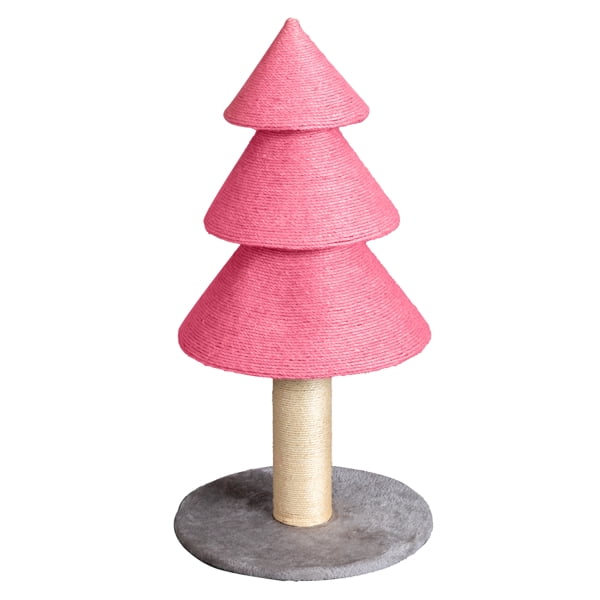 Christmas Tree Cat Scratcher Tower (31.5in), Pink Festive Design, Sisal Rope Scratching Post, Fleece Lounge Base for Indoor Cats