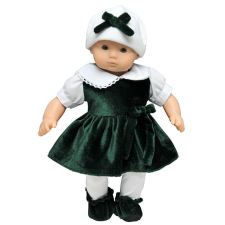 15 Inch Baby Doll Clothes, Bitty Green Velvet Dress, Tights, Booties, Hat Clothing Outfit