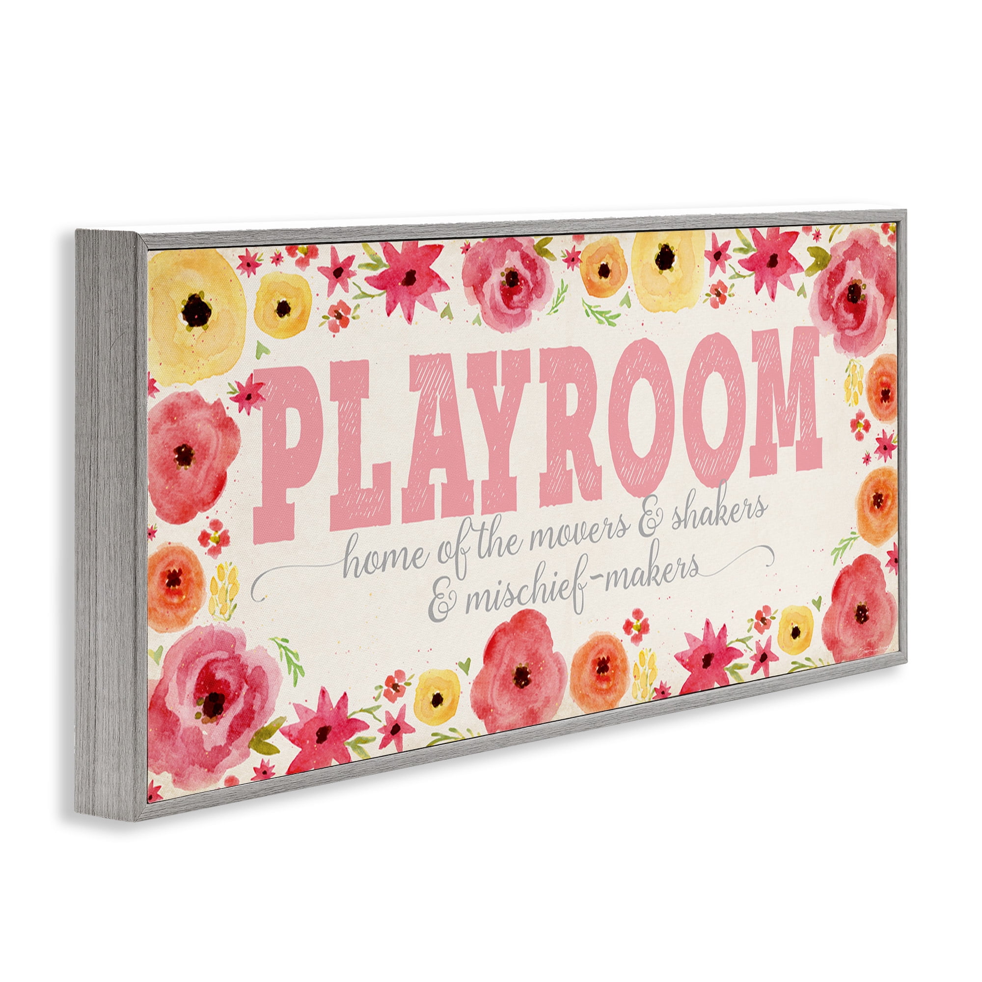 Stupell Industries Playroom Of Mischief Makers Pink Art for Kids Painting Gray Framed Art Print Wall Art, 24 x 10