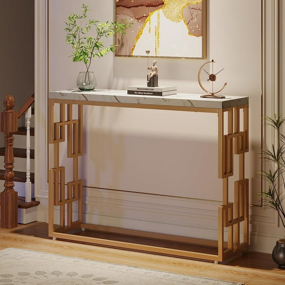 Tribesigns 42.5" Gold Console Table, Modern White Faux Marble Sofa Tables Entryway Hallway Foyer Table for Living Room