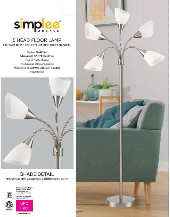 Simplee Adesso 67" 5-Light Modern Adjustable Arm Brushed Steel Floor Lamp with White Plastic Shades