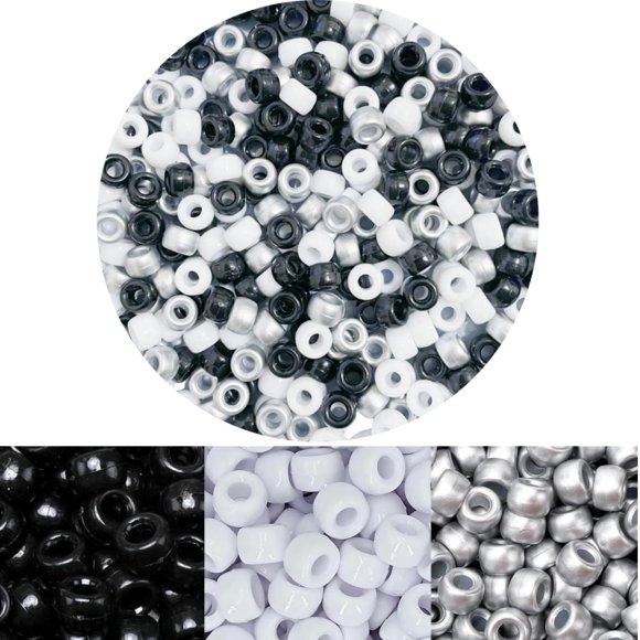 shiyou-800Pcs Pony Beads 6x9mm for Bracelets Making, Kandi Beads for Friendship Bracelet Beading Supplies with Elastic Thread (Black/White/Gray)