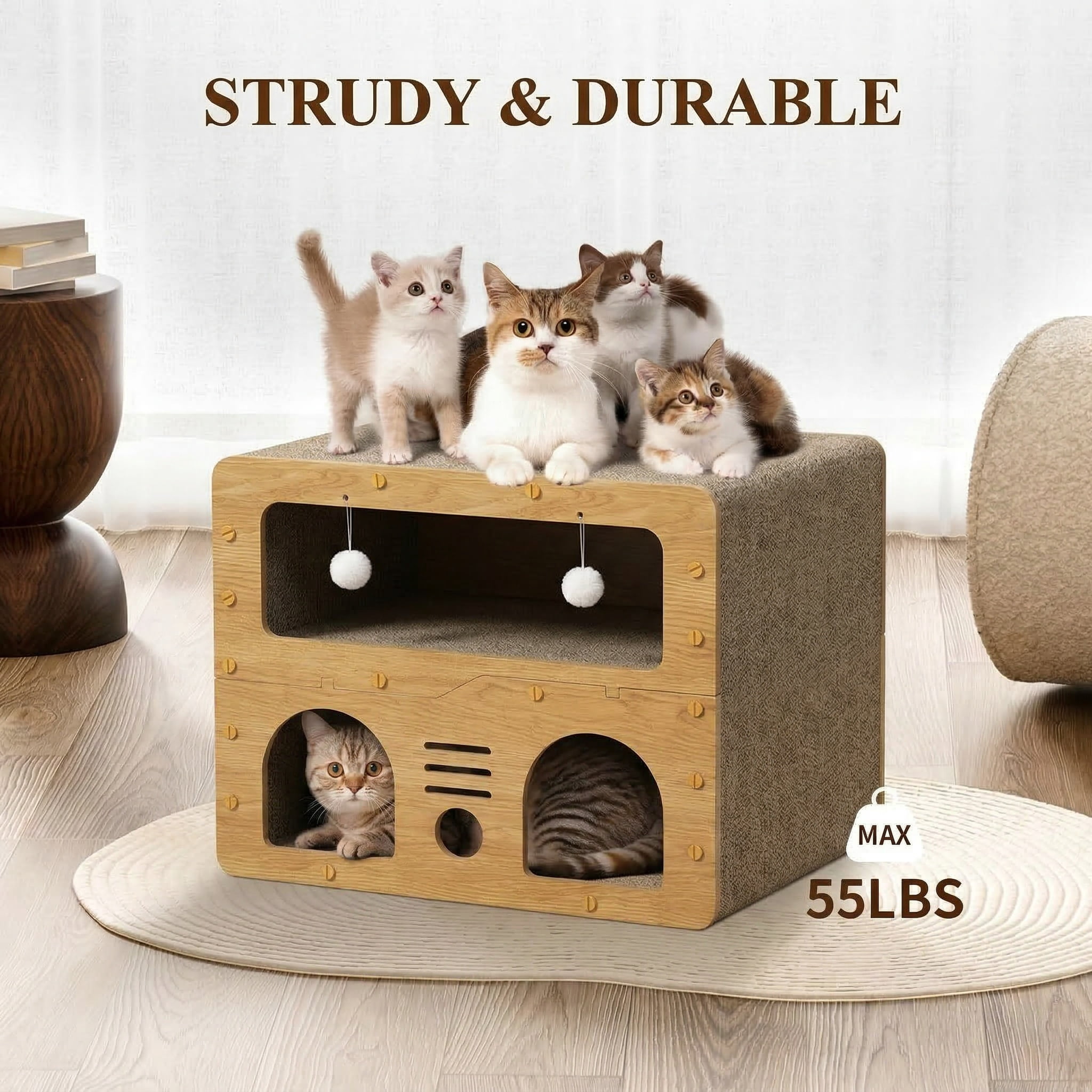 LCOKEIY  Natural Wood Wooden Cat Tree Tower, for Cats up to 20 lbs