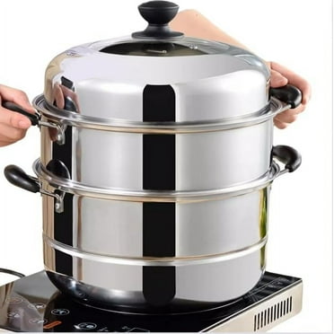SOONHUA Stainless Steel Steamer Pot Thick-bottomed, 3 Tier Food Steamer for Cooking, Large Metal Steam Cooker, Work for Induction and Stove, Suitable for Tamale, Vegetable, Dumpling and Seafood