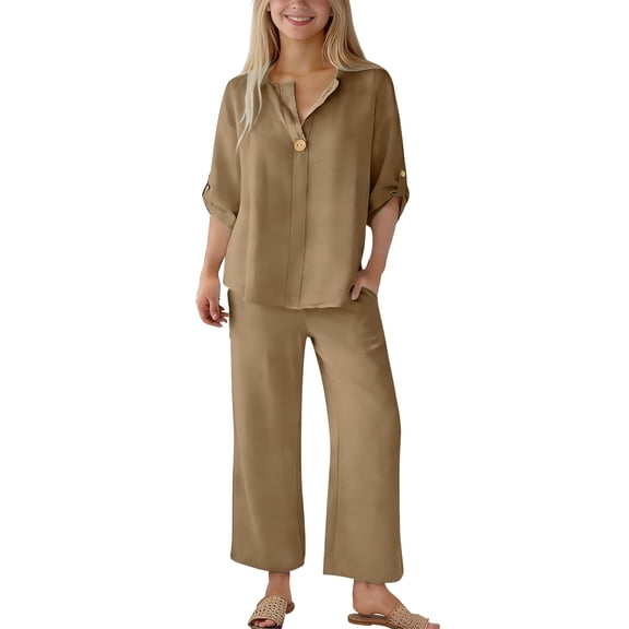 Mercatoo Cotton Linen Sets for Girls 2 Piece Button Blouse 𝐃ressy Tops and Wide Leg Pants Summer Shirts Teens Casual Beach Clothes