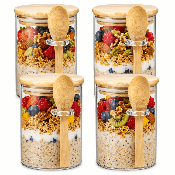 4 Pack 17oz Glass Jars with Bamboo Lids and Spoons, Airtight Overnight Oats Containers