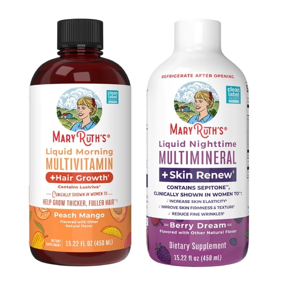 MaryRuth's Hair Growth and Skin Renew Bundle Liquid Multivitamin and Multimineral Hair Skin Health Adult Vegan Sugar-Free 2 Piece Set 15 fl oz Each