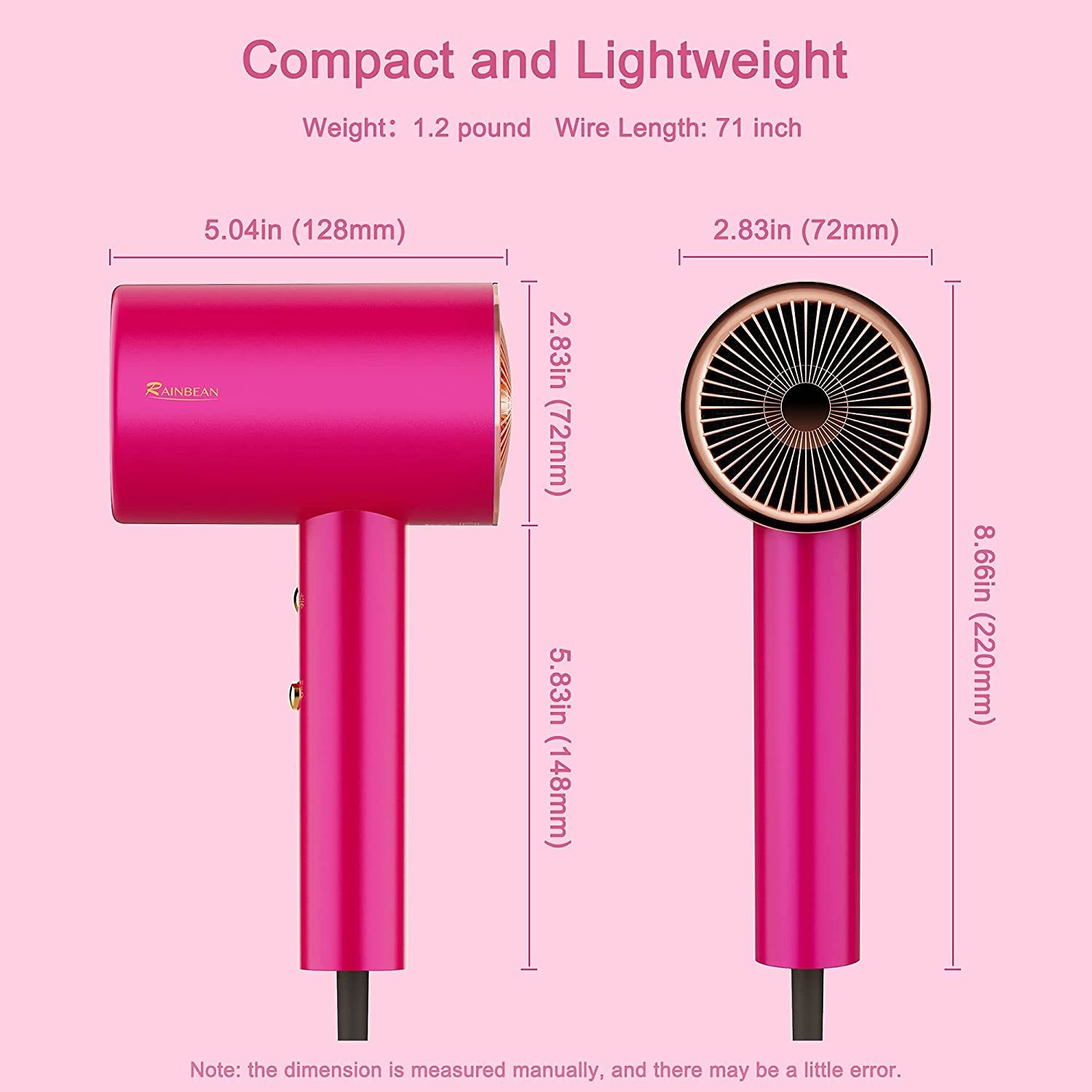 VIPMOON 1800W Water Ionic Hair Dryer, Blow Dryer with Magnetic Nozzle, 2 Speed and 3 Heat Settings, Powerful Low Noise Fast Drying Travel Hair Dryer for Home, Travel and Salon, Pink