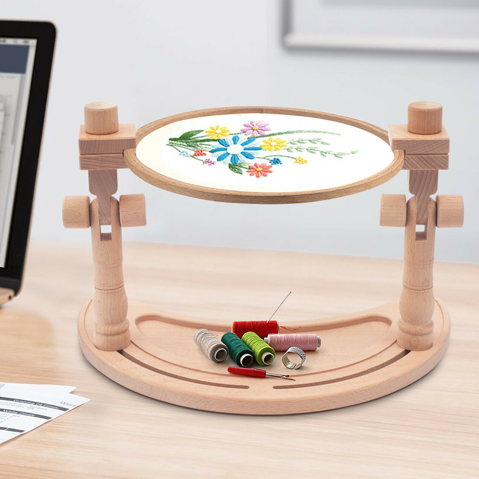 360° Wooden Embroidery Hoops Cross Stitch Rack Round Frames Desktop Stand DIY