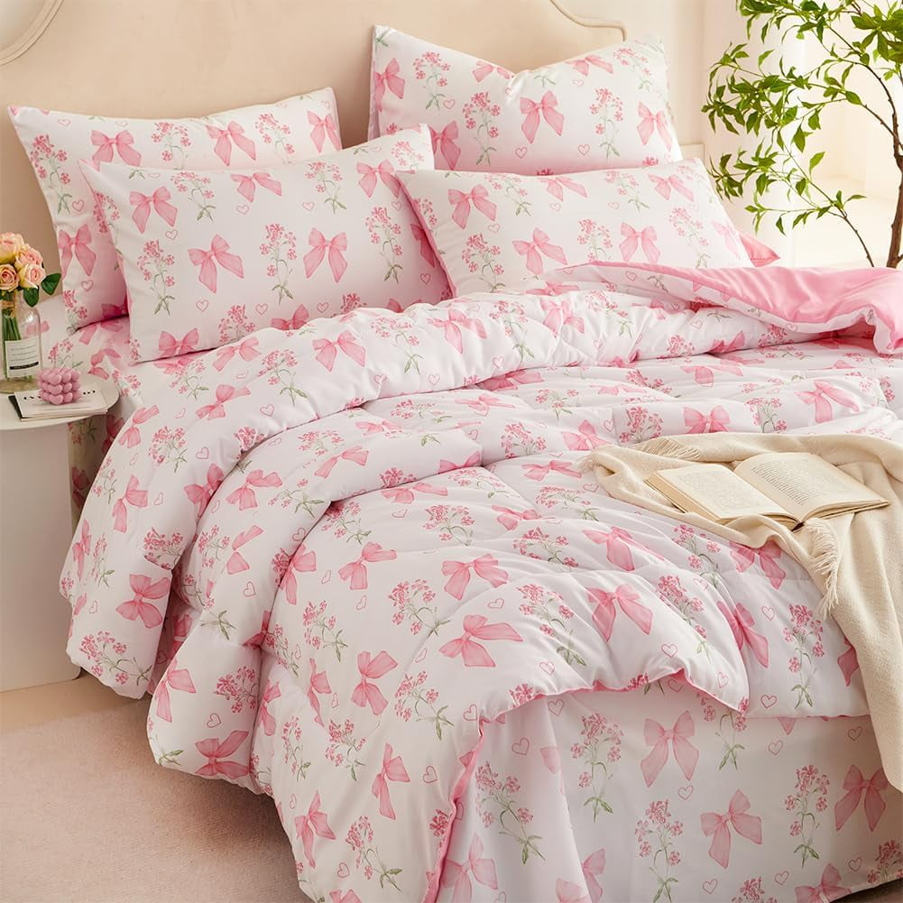 JOLUSERE Pink Bowknot Girls Comforter Set Twin Size, 3 Pieces Bows Princess Style Bedding Set for Girls for All Season
