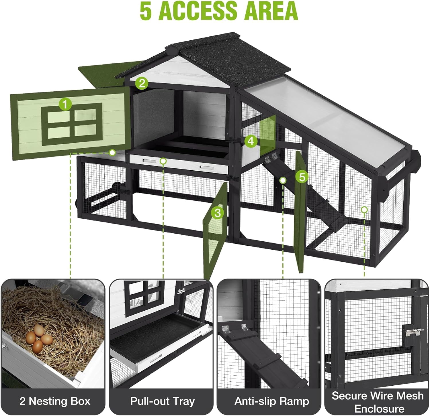 MEDEHOO Chicken Coop Mobile Chicken House On Wheel Outdoor Rabbit Hutch for 2-4 Chickens 67"(White & Black)