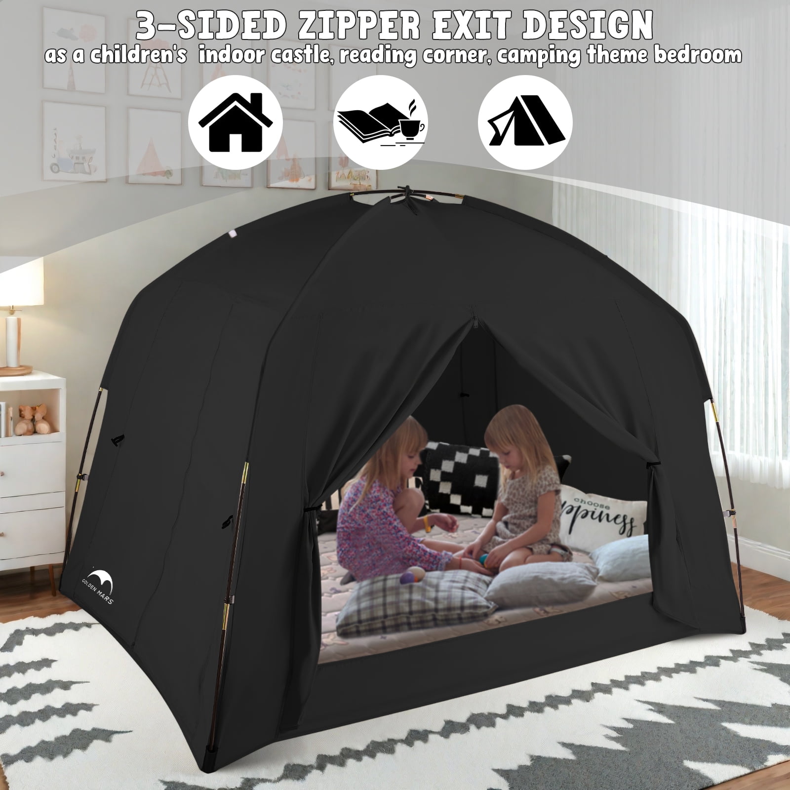 Bed Tents for Kids and Adult Portable 100% Breathable and 93% Blackout Toddler Dream Play Tent 3 Doors Big Privacy Sleep Canopy(Black, Twin-Size)