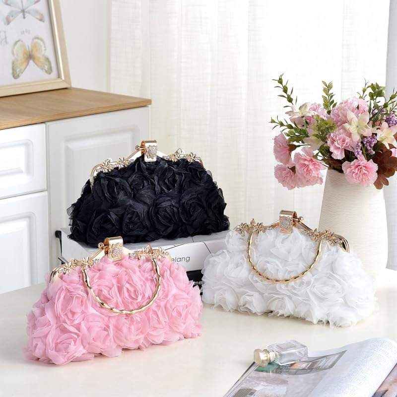 Floral Lace Evening Clutch Purse, Rose Wedding Handbag with Chain Strap, Bridesmaid Dress Bag