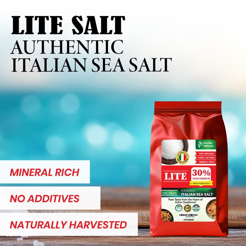 Pacific Pelican 30% Less Sodium Iodized Lite Italian Sea Salt, 30% Less Sodium, Fine Grain, 2 Pounds, Natural & Organic; best for thyroid function ; wellness; paleo and gluten free