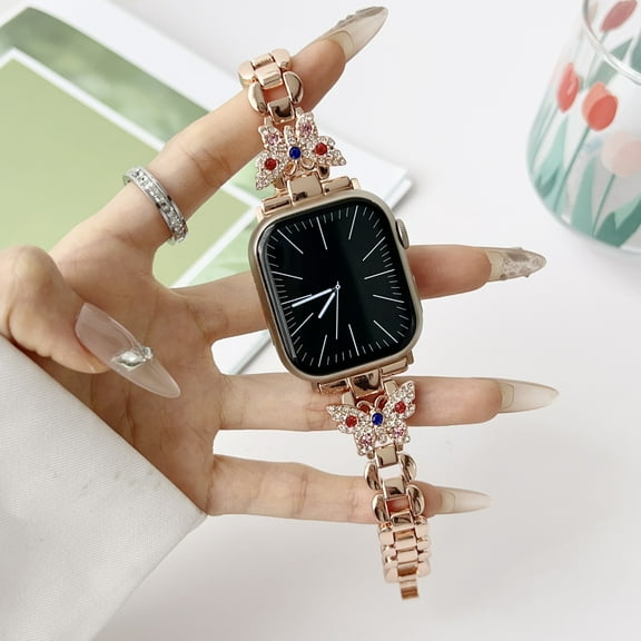 Color Diamond Butterfly Band for Apple Watch Bands for Women 38/40/41mm, Metal Dressy iWatch Bands Women, Cute Strap for Apple Watch SE Series 9 8 7 6 5 4 3 Ultra,Rosegold