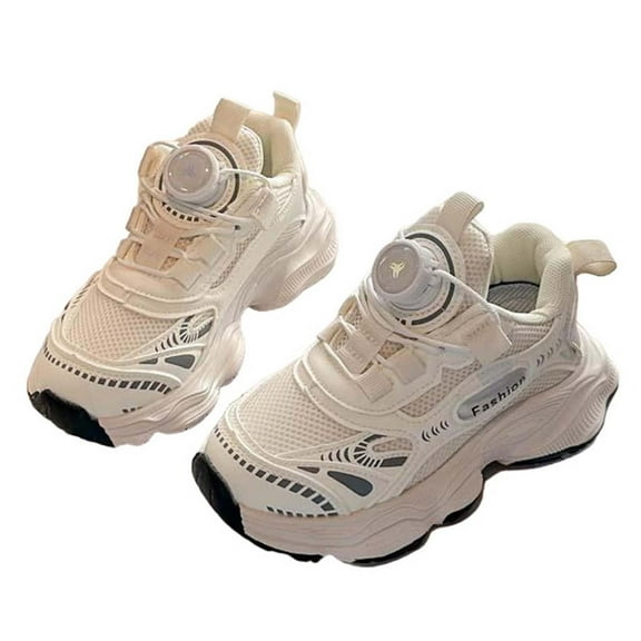 Gpaecead Kids Rotating Buckle Sports Shoes Breathable Soft Sole Outdoor Casual Sneakers For Boys Girls School, White