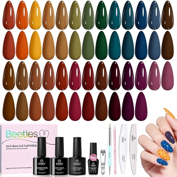 Beetles Fall Gel Polish Set, Fall Passage Collection, 25 Autumn Colors | Burgundy Brown Orange Dark Gel Polish, Base Glossy Matte Top Coat UV LED Soak Off Gifts for Women