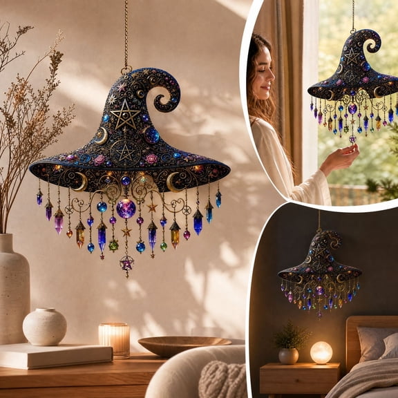 SHJHENG Mystical Witch Hat Acrylic Hanging Ornament - Celestial Star and Crystal Suncatcher for Indoor Window, Gothic Wall Hanging Decor for Halloween Home