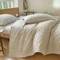 thumbnail image 5 of Tan Gingham Queen Quilt Set, Soft Pre-washed Microfiber Taupe Plaid Queen Bedspread, Lightweight Checked Summer Quilt, Grid Bedding Coverlets for All Seasons (Includes 1 Quilt, 2 Pillow Shams), 5 of 7